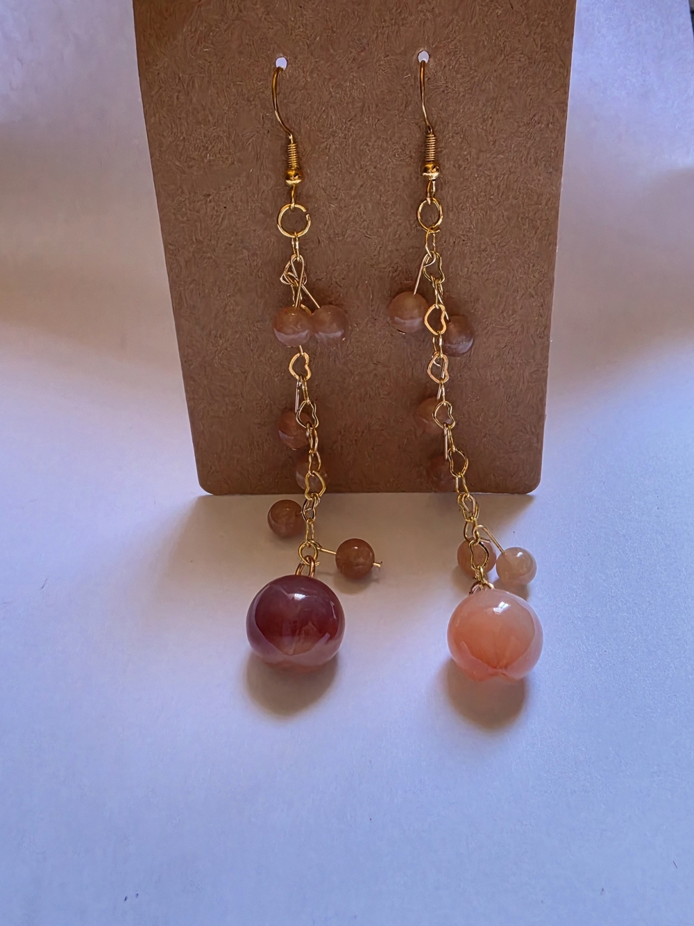 Peach JASPER Gold Chain Drop Earrings with Gem Beads